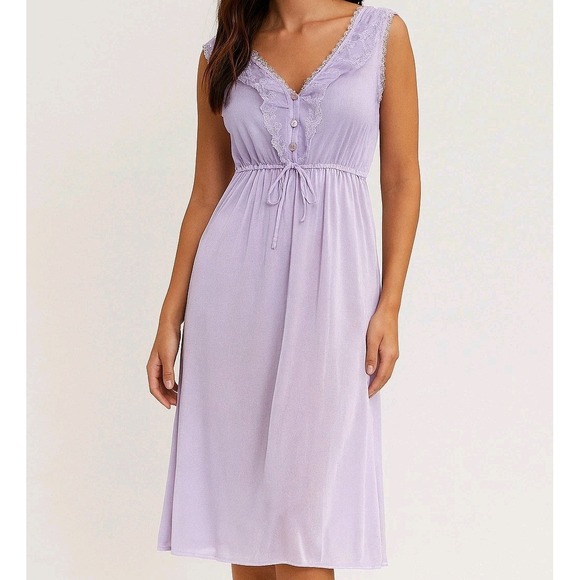 Medium Lace Satin Night Gown Slip Purple V Neck Midi Fit Flare Dress Sleeveless - Picture 1 of 5
